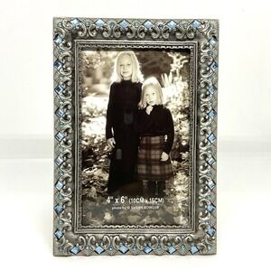 Silver Antique Picture Frame with Aquamarine Jewels (4” x 6”)